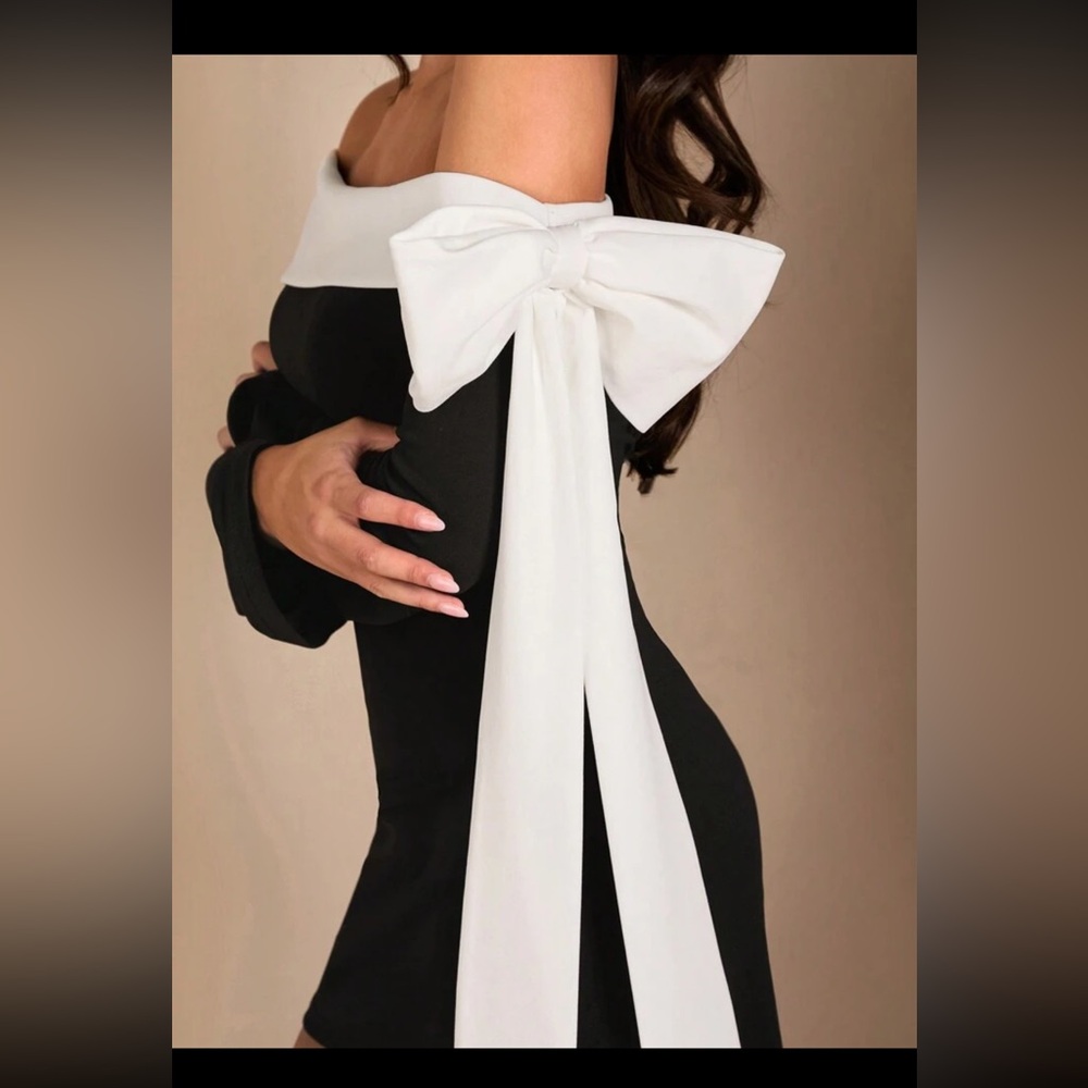 Black & White Bowknot Off-Shoulder Long Sleeve Mini Dress Size Medium NWT - Picture 3 of 10